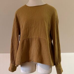 Madewell Dark Mustard Cotton Gauze Textured Peplum Blouse L Button Back